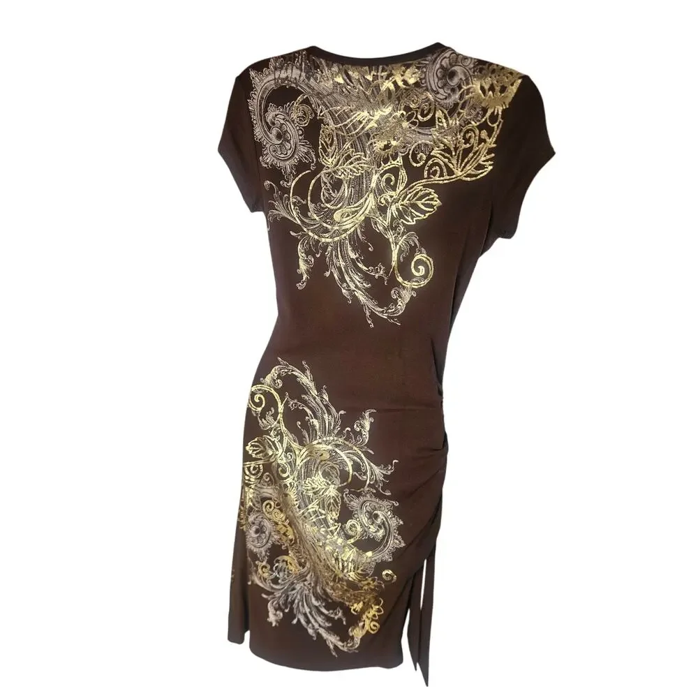 Cache Brown With  Gold Silver Print Bodycon Dress Sz M Stretchy V Neck - Picture 7 of 10